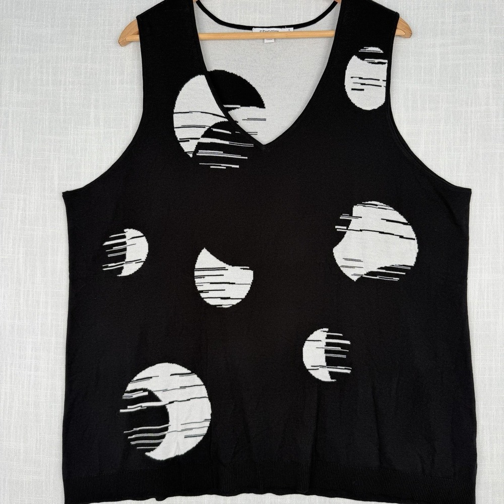 Chico's Sleeveless Top Moons Night Knit V neck Sz-4-XXL black-white Rayon Blend